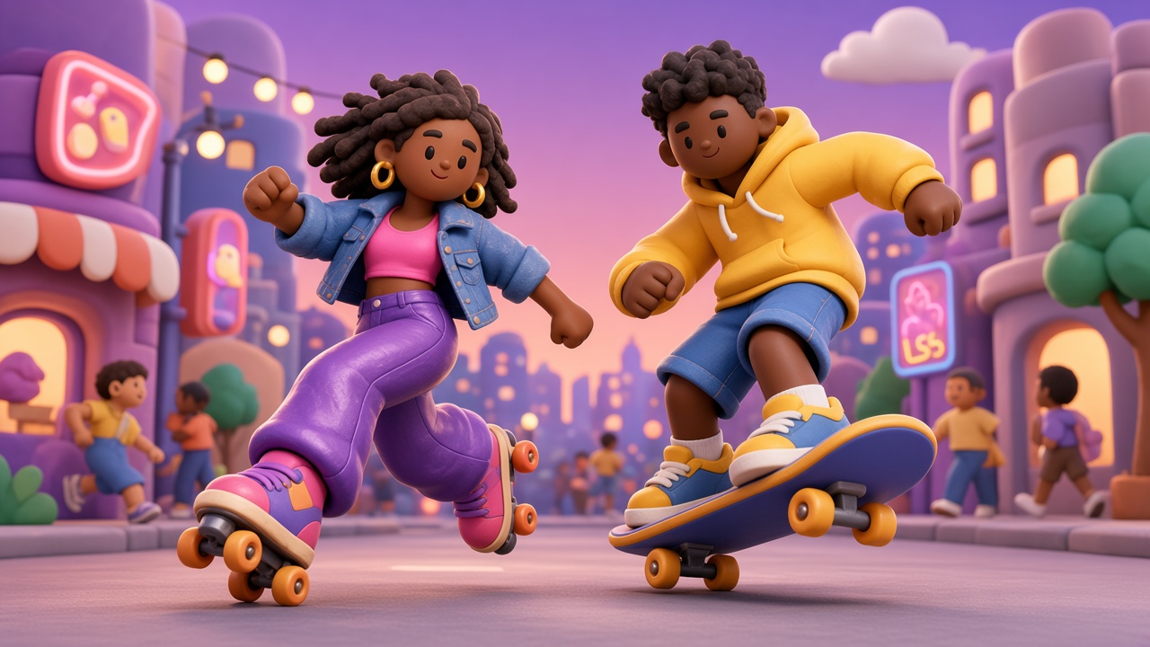 3D clay characters skating Outside in Lagos